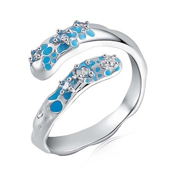 Rhodium Plated 925 Sterling Silver Open Cuff Ring with Clear Cubic Zirconia, Deep Sky Blue Enamel Finger Ring for Women, Platinum, US Size 5 1/4(15.9mm)