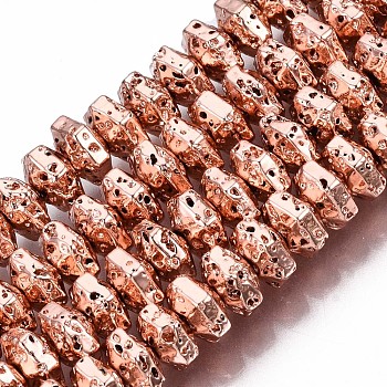 Electroplated Natural Lava Rock Beads Strands, Hexagon, Bumpy, Rose Gold Plated, 6.5x7.5x4mm, Hole: 1.2mm, about 105pcs/strand, 15.75 inch~15.94 inch(40cm~40.5cm)