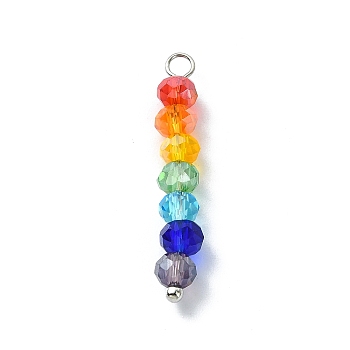 Coloful Faceted Glass Beaded Pendants, 7 Colors Rondelle with Brass Loops, Platinum, 27~27.5x4mm, Hole: 2mm