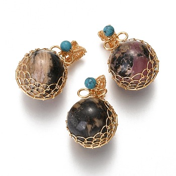 Natural Rhodonite & Turquoise Pendants, with Golden Brass Findings, Round, 26.5~28x17~17.5x16.5mm, Hole: 3~5X2.5~3.5mm
