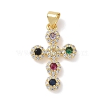 Brass Micro Pave Cubic Zirconia Pendants, Cross Charms, Rack Plating, Long-Lasting Plated, Cadmium Free & Lead Free, Real 18K Gold Plated, Colorful, 25.5x16.5x3.5mm, Hole: 4.5x3.5mm(KK-L268-015G-A02)