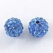 Pave Disco Ball Beads, Polymer Clay Rhinestone Beads, Round, Light Sapphire, 10mm, Hole: 1.5mm(X-RB-A130-10mm-20)