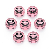 Transparent Acrylic Beads, with Glitter Powder, Flat Round with Black Enamel Smile Face, Pink, 10x5mm, Hole: 2mm, about 1450pcs/500g(MACR-N008-55-A04)