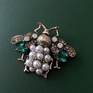 Bee Plastic Pearl with Rhinestone Brooch Pin, Alloy Badge for Backpack Clothes, Antique Golden, Emerald, 40x53mm(PW-WGFFCC2-02)