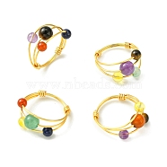 4Pcs 4 Style Natural Mixed Gemstone Braided Bead Finger Rings Set, Copper Wire Wrap Triple Lines Finger Rings, Light Gold, Inner Diameter: 18~18.5mm, 1Pc/style(RJEW-TA00083)