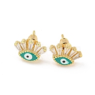 Evil Eye Real 18K Gold Plated Brass Stud Earrings, with Enamel and Clear Cubic Zirconia, Green, 7.5x11.5mm(EJEW-L269-103G-02)