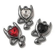 Rack Plating Alloy Rhinestone Pendants, Lead Free & Cadmium Free & Nickel Free, Devil Charms, Heart, Gunmetal, 21.5x13.5x5mm, Hole: 1.8mm(PALLOY-F312-14B)