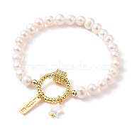Valentine's Day Stretch Charm Bracelets, with Natural Pearl Potato Beads, Star Shell Beads and Brass Findings, Rectangle with Word LOVE, Golden, Inner Diameter: 2-3/8 inch(6cm)(BJEW-JB05639-01)