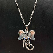 Alloy Pave Glass Cable Chain Blue-eyed Elephant Pendant Necklaces for Women, Platinum(HN3417-1)