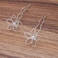 Iron Hair Fork Findings, with Flower Filigree Findings, Silver, 70x12x1.2mm, Filigree Findings: 35mm(OHAR-PW0001-074S)