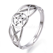 304 Stainless Steel Hollow Out Pentagram Adjustable Ring for Women, Stainless Steel Color, US Size 6 1/2(16.9mm)(RJEW-T027-12P)