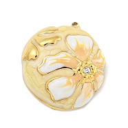 Ion Plating(IP) 304 Stainless Steel Rhinestone Pendants, with Enamel, Real 18K Gold Plated, Half Round with Flower Charm, Light Khaki, 30x26.5x8mm, Hole: 1.5mm(X-STAS-U007-07C-G)