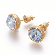 304 Stainless Steel Ear Studs, with Cubic Zirconia, Ion Plating (IP), Flat Round, Golden, Light Blue, 10x17mm, Pin: 0.7mm(EJEW-E238-08G)