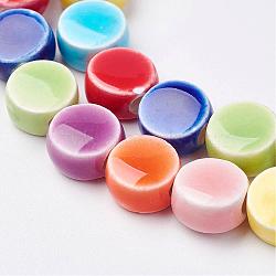 Handmade Porcelain Beads, Bright Glazed Porcelain, Flat Round, Mixed Color, 8~9x5mm, Hole: 2mm, about 40pc/strand, 12.56 inch(31.9cm)(PORC-E012-03D)