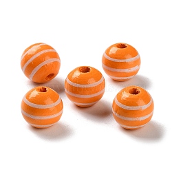 Printed Wood European Beads, Round with Stripe Pattern, Dark Orange, 15.5~16x14.5~15mm, Hole: 4mm(WOOD-Z002-07C)