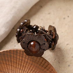 Bohemian Coconut & Wood Beaded Stretch Bracelets for Women, Coconut Brown, Flower, 5.51~6.30 inch(14~16cm)(WG6B5F6-01)