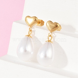 Heart with Teardrop 304 Stainless Steel Dangle Stud Earrings for Woman, with Plastic Imitation Pearl, Golden, 24x9.5mm(EJEW-F366-01G-03)