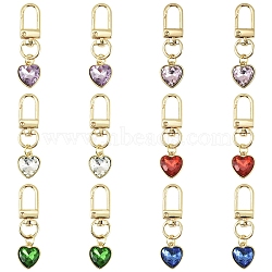 12Pcs 6 Colors Glass Rhinestone Pendant Decorations, Heart, with Alloy Swivel Snap Clasps, Mixed Color, 53mm, 2pcs/color(HJEW-YW00407)