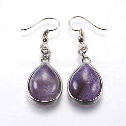 Natural Amethyst Dangle Earrings, with Brass Earring Hooks, teardrop, Platinum, 48mm, Pin: 0.5mm(EJEW-P143-A06)