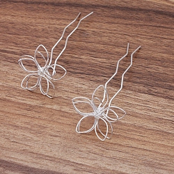 Iron Hair Fork Findings, with Flower Filigree Findings, Silver, 70x12x1.2mm, Filigree Findings: 35mm(OHAR-PW0001-074S)