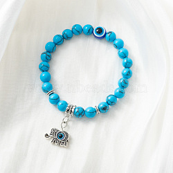 Synthetic Turquoise Stretch Bracelet with Evil Eye Charms, Mixed Shapes(SM1499-4)