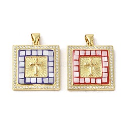 Square with Cross Brass Micro Pave Cubic Zirconia Pendants, with Enamel & Shell, Long-Lasting Plated, Lead Free & Cadmium Free, Real 18K Gold Plated, Mixed Color, 24x21.5x4mm, Hole: 5x3mm(KK-K385-039G)