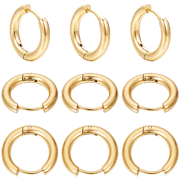 12 Pairs 202 Stainless Steel Huggie Hoop Earrings with 316 Surgical Stainless Steel Pins, Real 18K Gold Plated, 9 Gauge, 16.5x18x3mm, Pin: 1mm