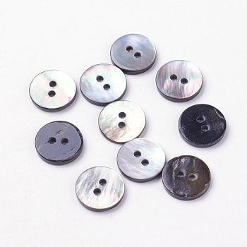 2-Hole Shell Buttons, Flat Round, Black, 11x2mm, Hole: 1.5mm