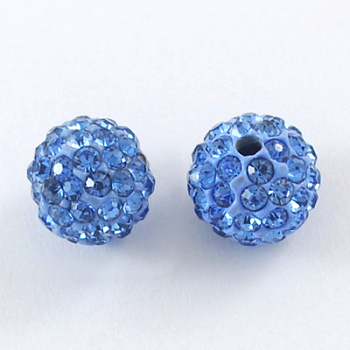 Pave Disco Ball Beads, Polymer Clay Rhinestone Beads, Round, Light Sapphire, 10mm, Hole: 1.5mm
