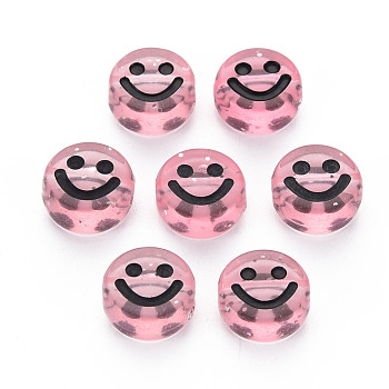 Transparent Acrylic Beads, with Glitter Powder, Flat Round with Black Enamel Smile Face, Pink, 10x5mm, Hole: 2mm, about 1450pcs/500g