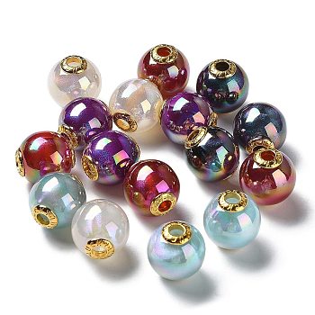 Rainbow Iridescent Plating Acrylic European Beads, Glitter Beads, Large Hole Beads, with Golden Tone Alloy Findings, Round with Word Lucky, Mixed Color, 20x19mm, Hole: 4.5mm