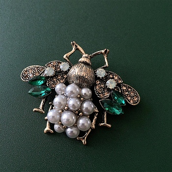 Bee Plastic Pearl with Rhinestone Brooch Pin, Alloy Badge for Backpack Clothes, Antique Golden, Emerald, 40x53mm