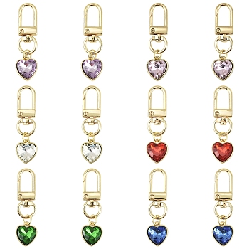 12Pcs 6 Colors Glass Rhinestone Pendant Decorations, Heart, with Alloy Swivel Snap Clasps, Mixed Color, 53mm, 2pcs/color