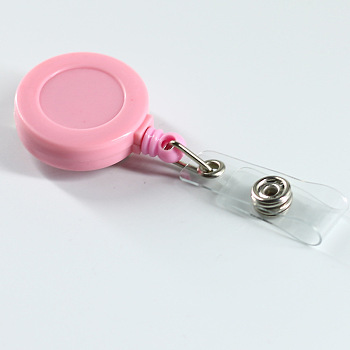 ABS Plastic Badge Reel, Retractable Badge Holder, with Platinum Iron Bobby Clip, Flat Round, Pink, 86x32x16mm
