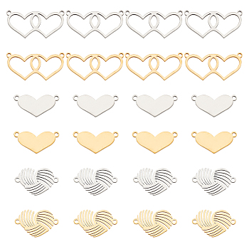 24Pcs 6 Styles 201 Stainless Steel Connector Charms, Hearts, Real Gold Plated & Real Platinum Plated, 9.5~13x19~26.5x1mm, Hole: 1.4mm, 4pcs/style