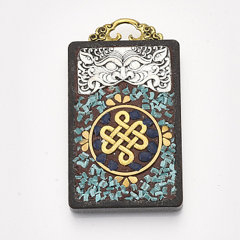 Handmade Indonesia Big Pendants, Wood Settings, with Brass Findings and Alloy Loop, Rectangle with Chinese Knot, Dark Turquoise, 57x32.5x8mm, Hole: 7x2.5mm