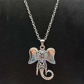 Alloy Pave Glass Cable Chain Blue-eyed Elephant Pendant Necklaces for Women, Platinum