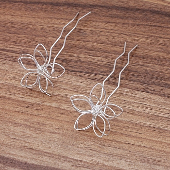 Iron Hair Fork Findings, with Flower Filigree Findings, Silver, 70x12x1.2mm, Filigree Findings: 35mm