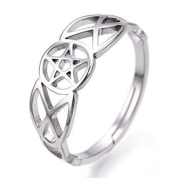304 Stainless Steel Hollow Out Pentagram Adjustable Ring for Women, Stainless Steel Color, US Size 6 1/2(16.9mm)