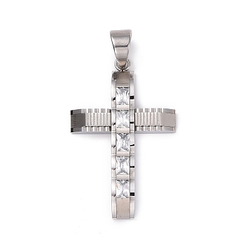304 Stainless Steel Big Pendants, Cross, with Rhinestones, Stainless Steel Color, 50x32x6mm, Hole: 10x8mm