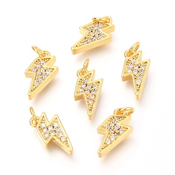 Brass Micro Pave Clear Cubic Zirconia Charms, with Jump Rings, Lightning Bolt, Real 18K Gold Plated, 12.8x7.5x2.4mm, Hole: 2.4mm