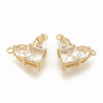 Brass Cubic Zirconia Charms, Nickel Free, Real 18K Gold Plated, Heart, Clear, 9.5x12x4.5mm, Hole: 1mm