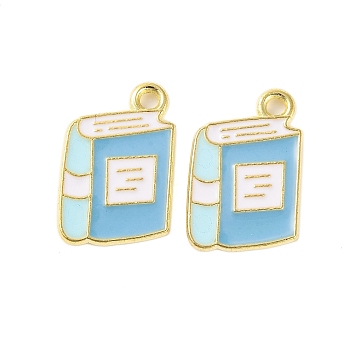 Golden Plated Alloy Enamel Pendants, Cadmium Free & Lead Free, Book Charm, Light Sky Blue, 17x11x1mm, Hole: 1.6mm