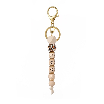 LOVE Wooden Beaded Pendant Keychain, with Alloy Lobster Claw Clasp, Cube & Round & Octagon, Golden, 17cm