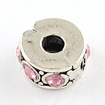 Brass Rhinestone European Clasps, Column, Antique Silver, Light Rose, 10~11x5~6mm, Hole: 3~4mm(KK-N291-01AS-01)