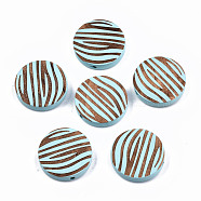 Painted Natural Wood Beads, Laser Engraved Pattern, Flat Round with Zebra-Stripe, Light Sky Blue, 20x5mm, Hole: 1.5mm(WOOD-T021-50B-02)