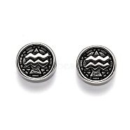 304 Stainless Steel Beads, Flat Round with Twelve Constellations, Antique Silver, Aquarius, 10x4mm, Hole: 1.8mm(STAS-J033-01E)