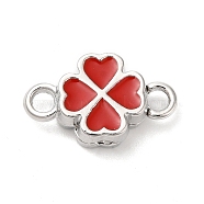 Brass Magnetic Clasps, Red Enamel Clover Magnetic Clasps, Real Platinum Plated, 10x17x5mm, Hole: 2.5mm(KK-K333-45P)