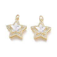 Brass Micro Pave Cubic Zirconia Pendants, with Jump Rings, Star, Real 18K Gold Plated, 15x14x6mm, Hole: 1.8mm(X-ZIRC-F114-10-G)