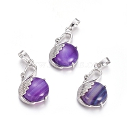 Natural Agate Pendants, with Platinum Tone Brass Findings, Swan, Dyed & Heated, 30.8x18.8x8.5mm, Hole: 7x5mm(G-L512-N13)